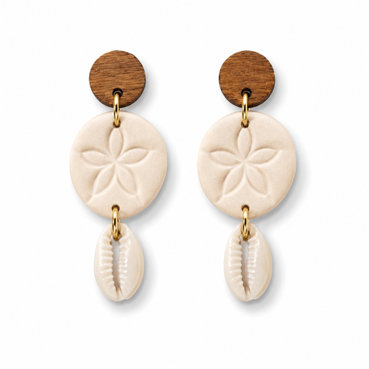 Sand Dollar & Cowrie Shell Coastal Earrings