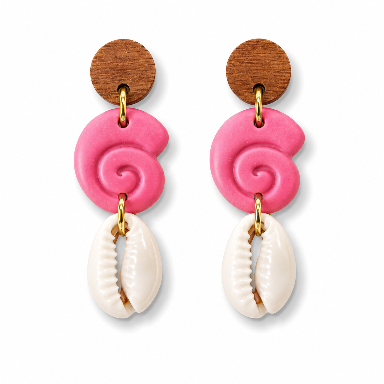 Pink Seashell & Cowrie Shell Coastal Earrings