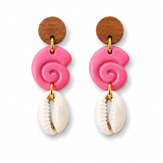 Pink Seashell & Cowrie Shell Coastal Earrings